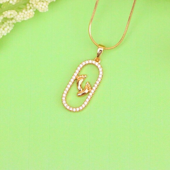 "Rose Gold Baby Feet Pendant in Sparkling Oval Frame with CZ Accents, XPPT1528 - Picture 13 of 13
